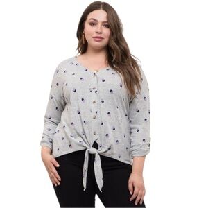 NWOT Perch Top Soft Knit Heather Grey Polka Dot 3/4 Sleeve ButtonUp Plus Size 3X